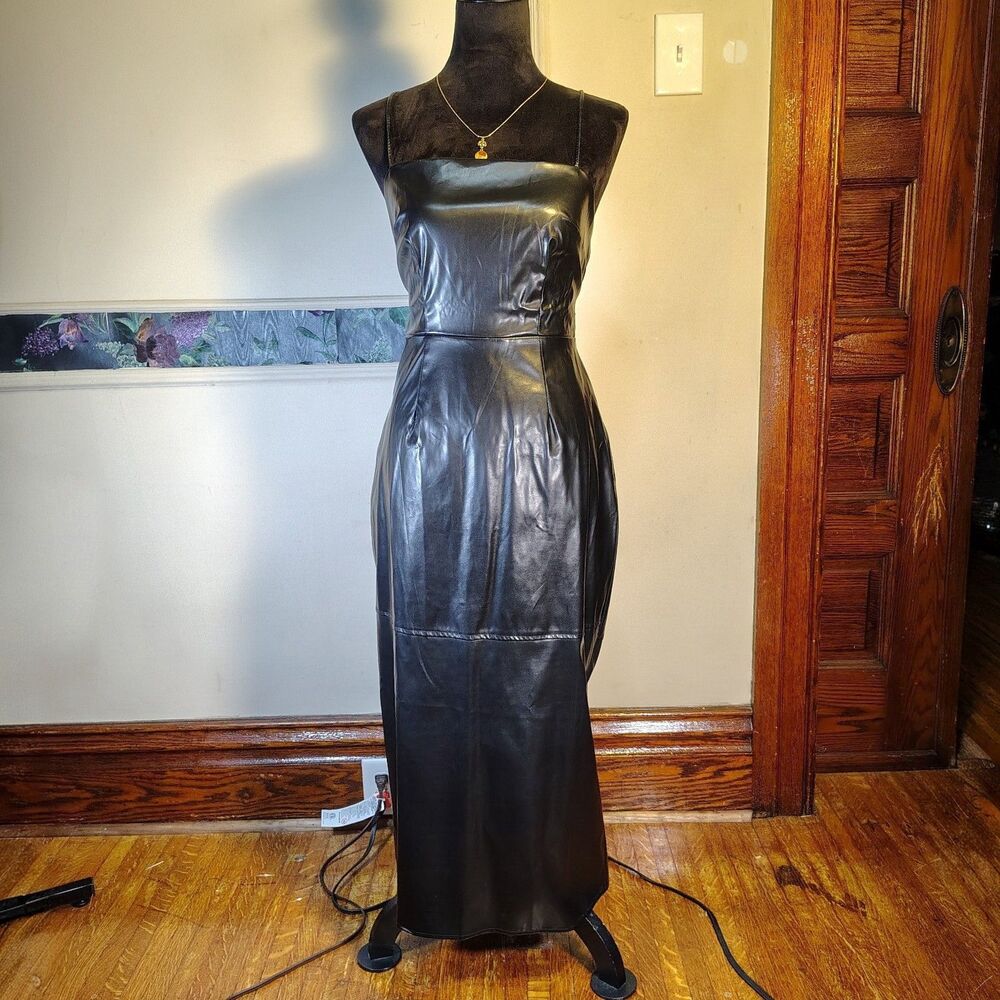 Sexy Blk Faux Leather Tie Open Back Maxi Dress Size M NWTS